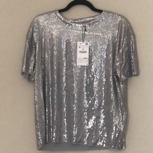 Zara Trafaluc silver sequins short sleeve scoop neck blouse. NWT. Size M